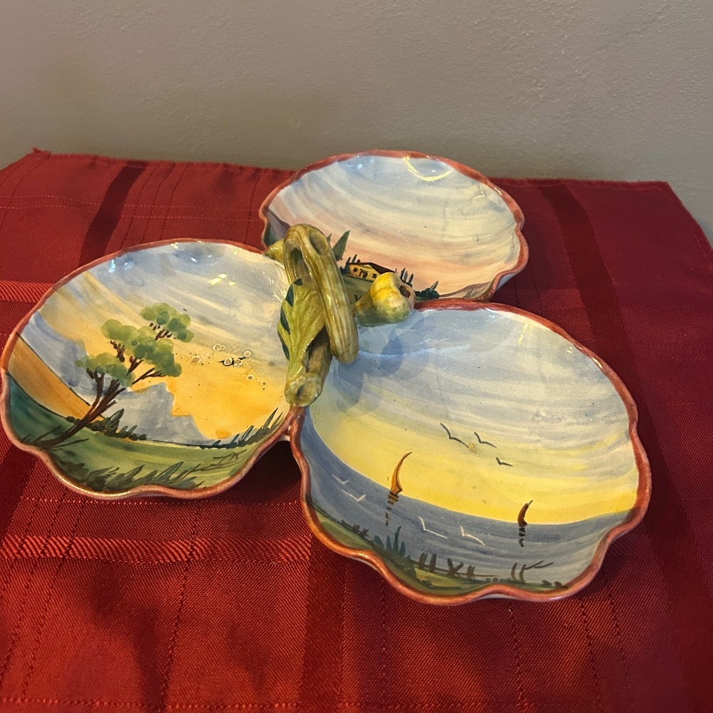 Vintage Clay Italian Three-section serving dish MADE IN ITALY hand painted